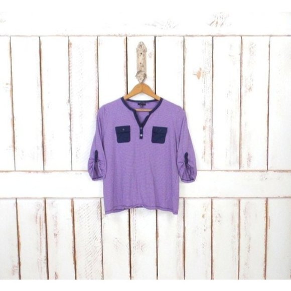 Vintage 90s Talbots lavender and blue striped pullover pocket vneck top - Picture 1 of 6